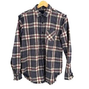 R13 Navy Blue White and Burgundy Plaid Button-Down Shirt